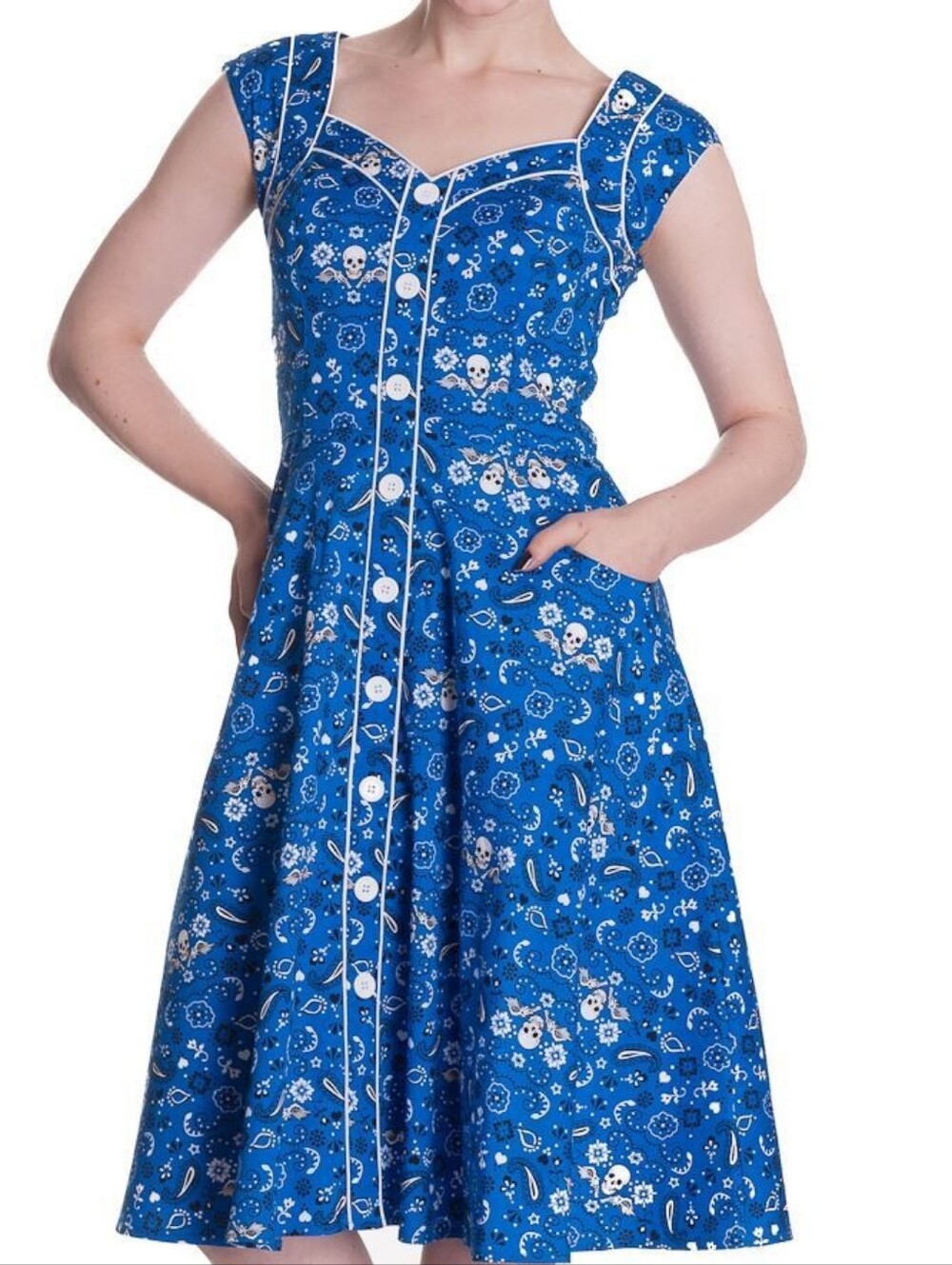 Hell Bunny Skulls Bandana Paisley Blue Skater Rockabilly Dress Size Small
